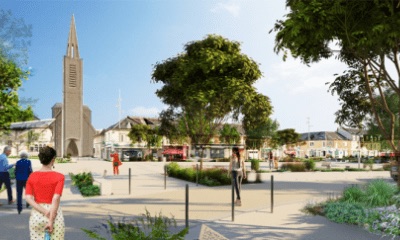 Vue du centre-ville de Bruz réaménagé avec son église et ses espaces verts